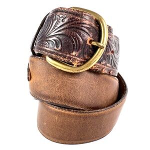 Vintage Tooled Leather Western Belt w/ Brass Buckle | Brown